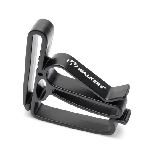 Odolný klip na opasek i kapsu Walkers vyrobený z lisovaného polymeru sloužící k uchycení sluchátek a brýlí